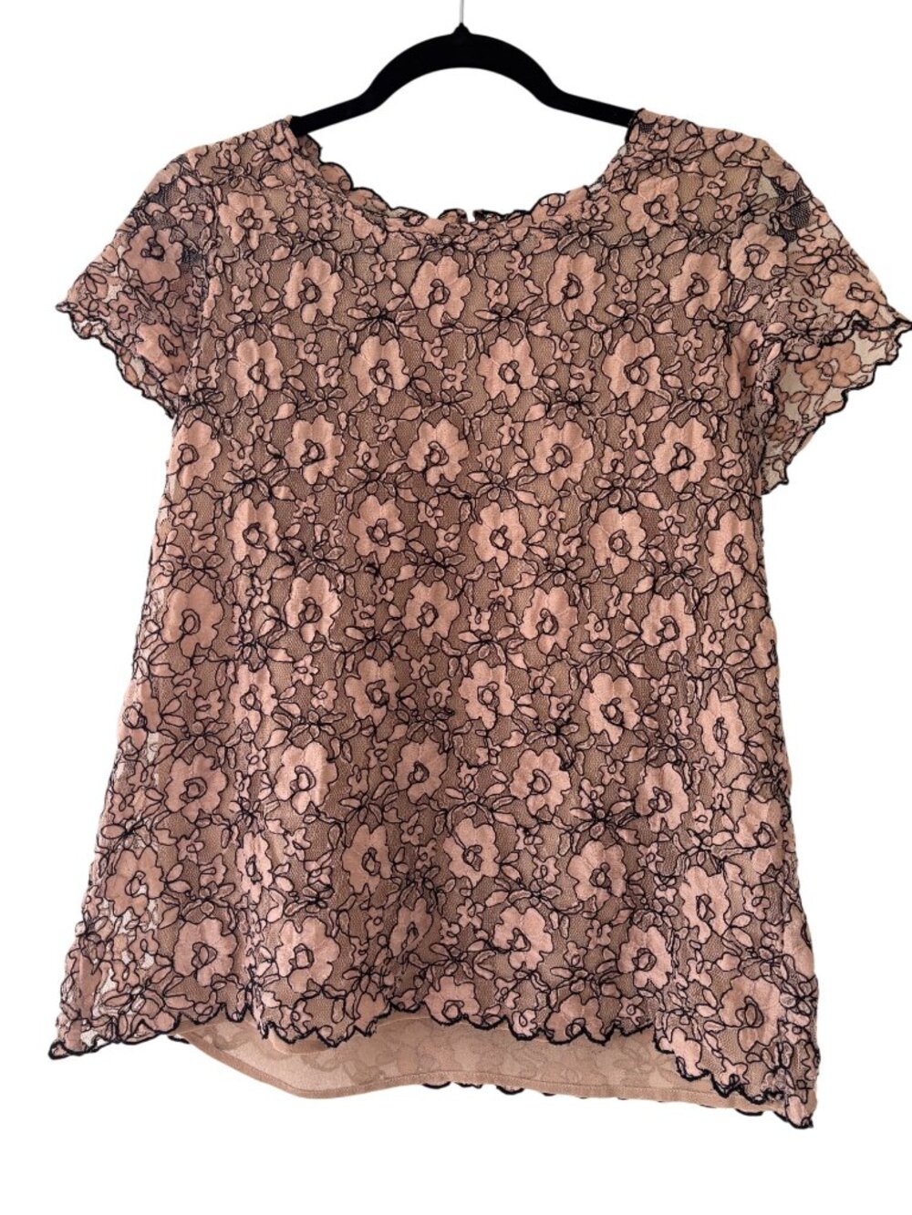 Joie Beige & Black Floral Layered Lace Short Sleeve Feminine Blouse Size S